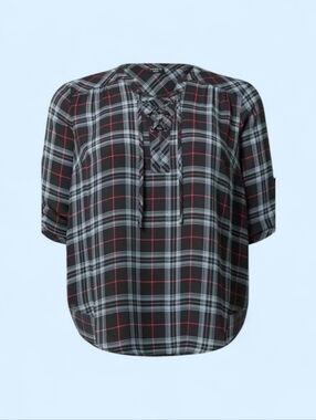 Torrid Black Plaid Lace-Up Front Tunic with Red and Light Blue Accents,2x